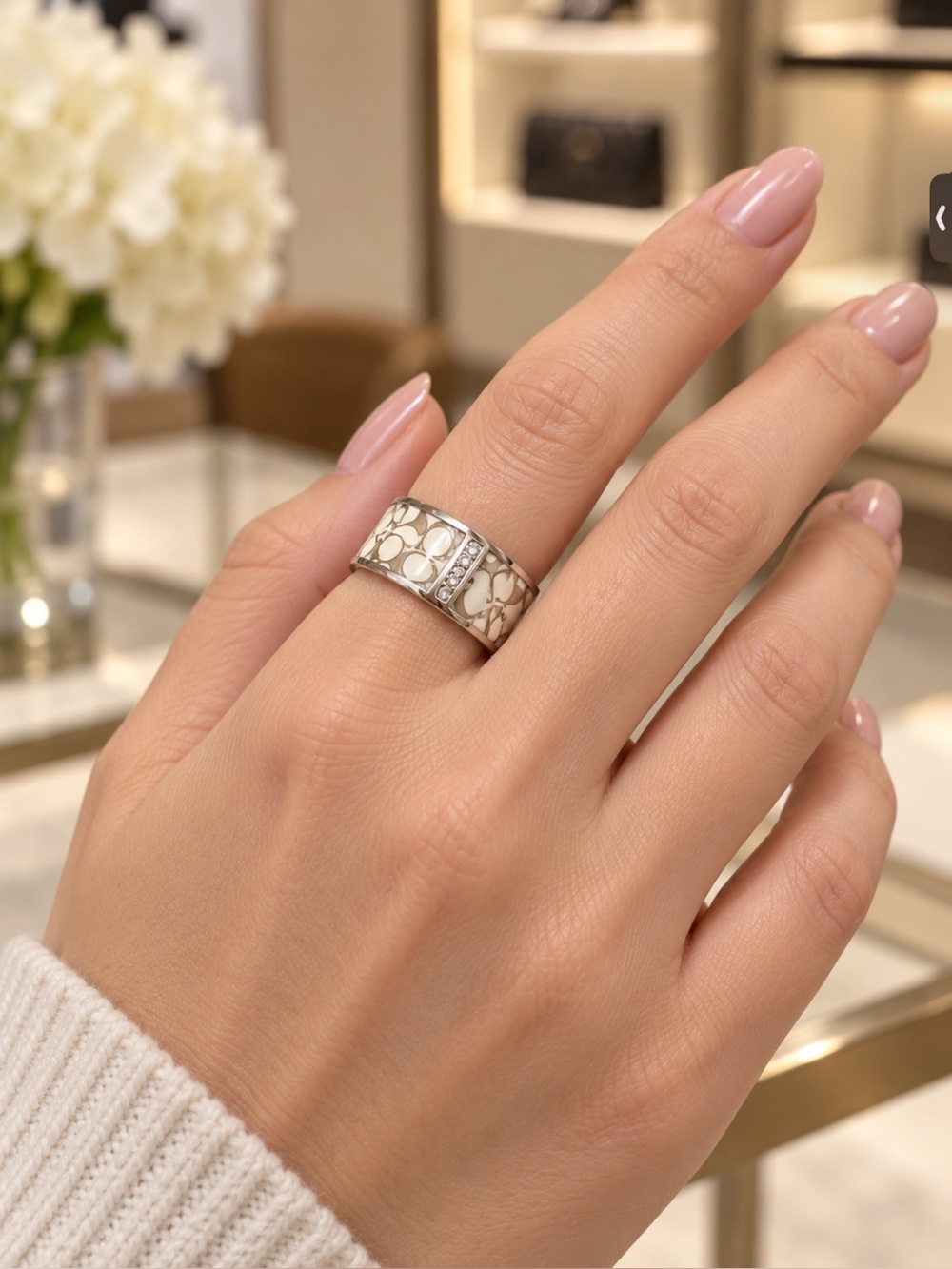 Coach Silver-Tone Miranda Signature Pattern Ring with Cream Inlay